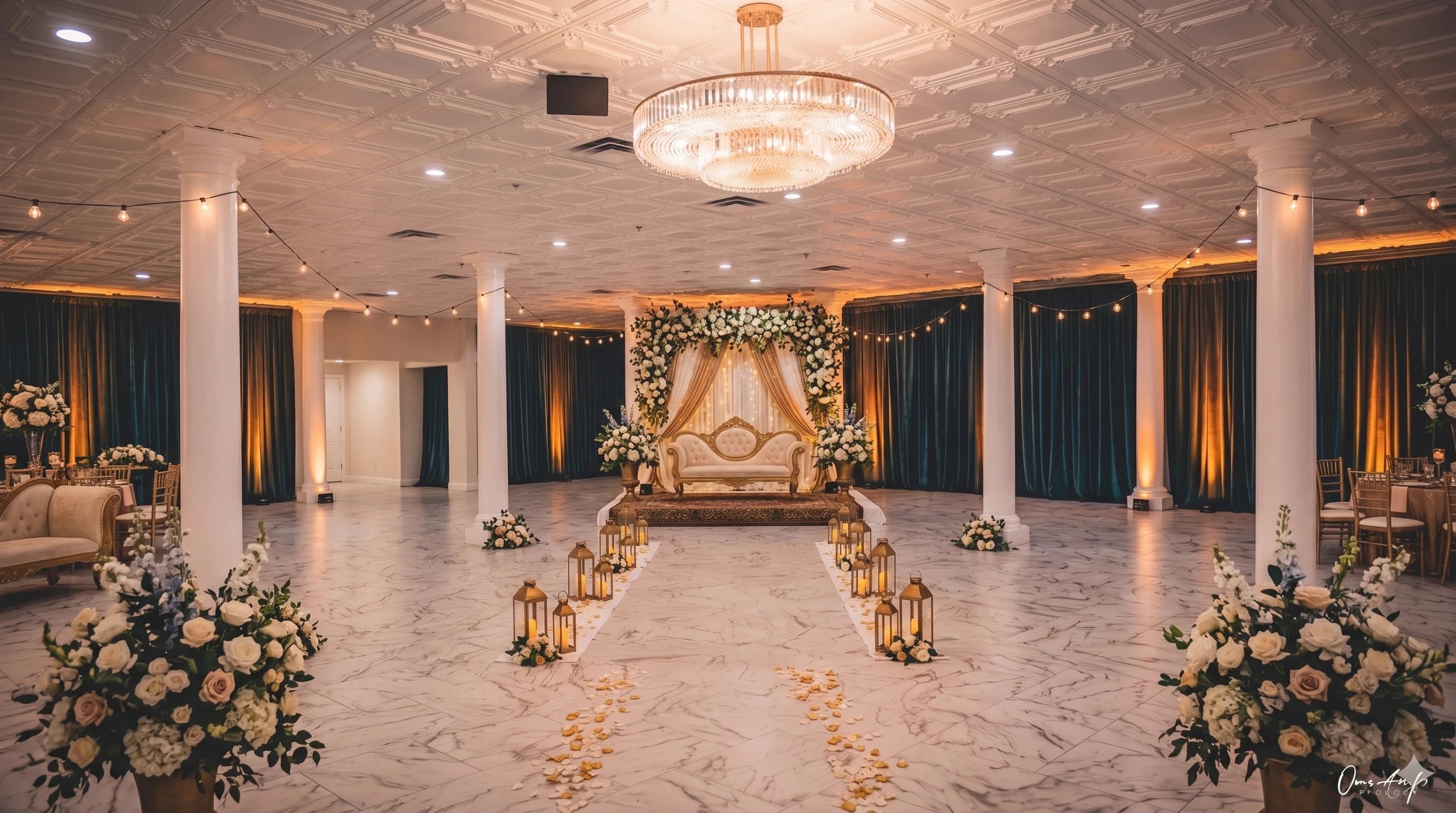Chandelier, florals and a dressed reception table
