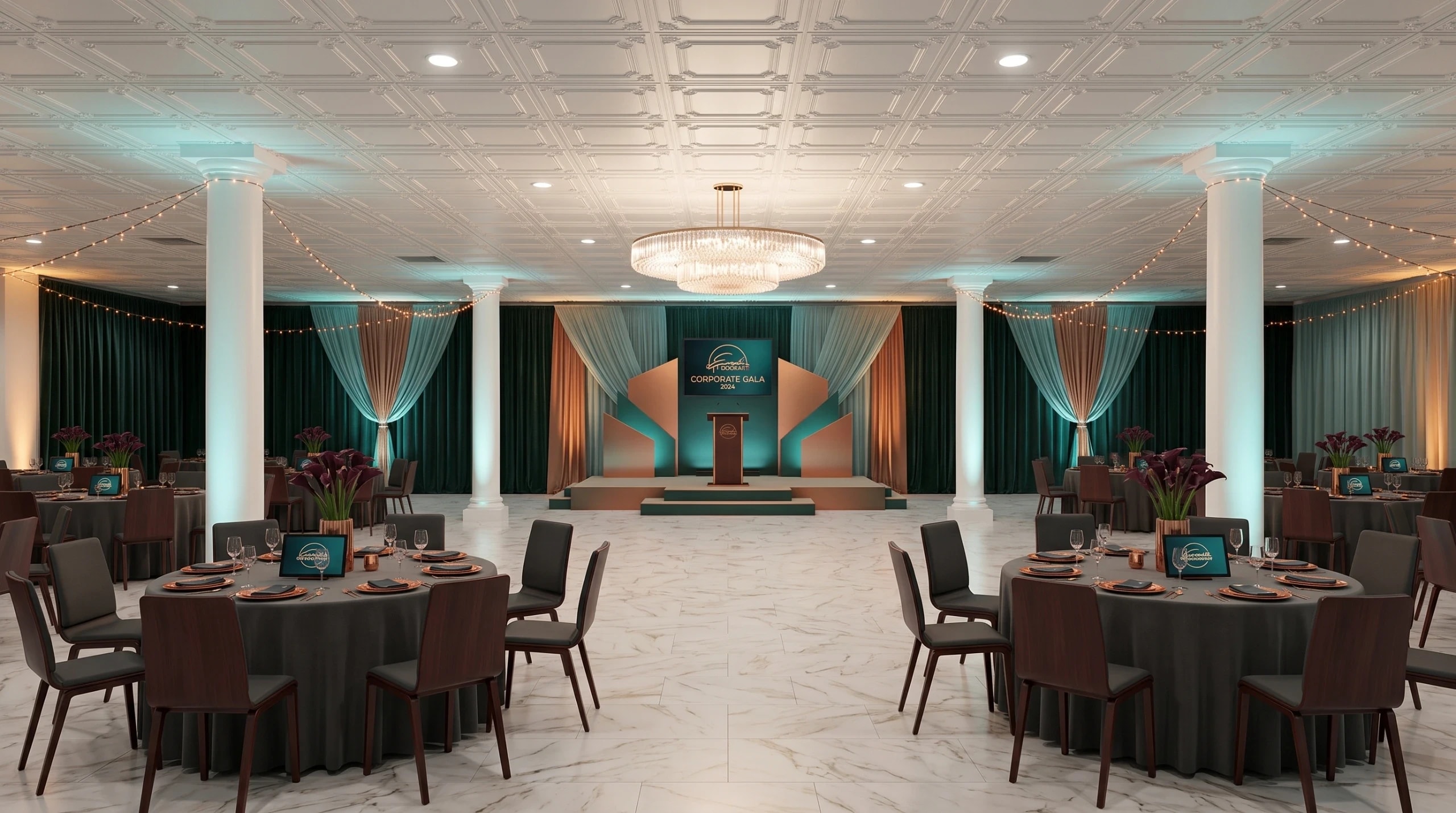 Round tables configured with clear chairs