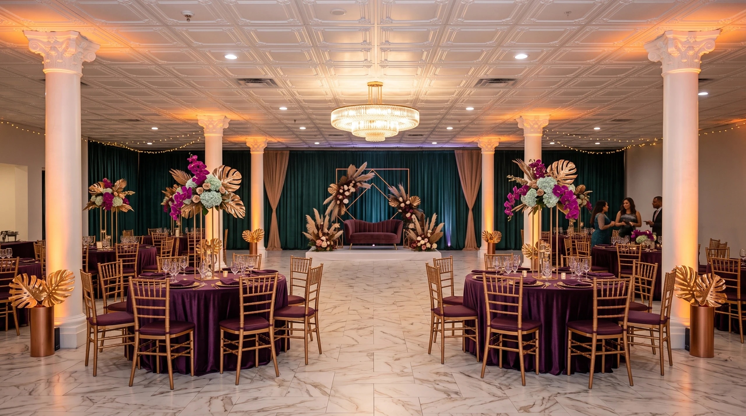 Guests celebrating under a canopy of fairy lights