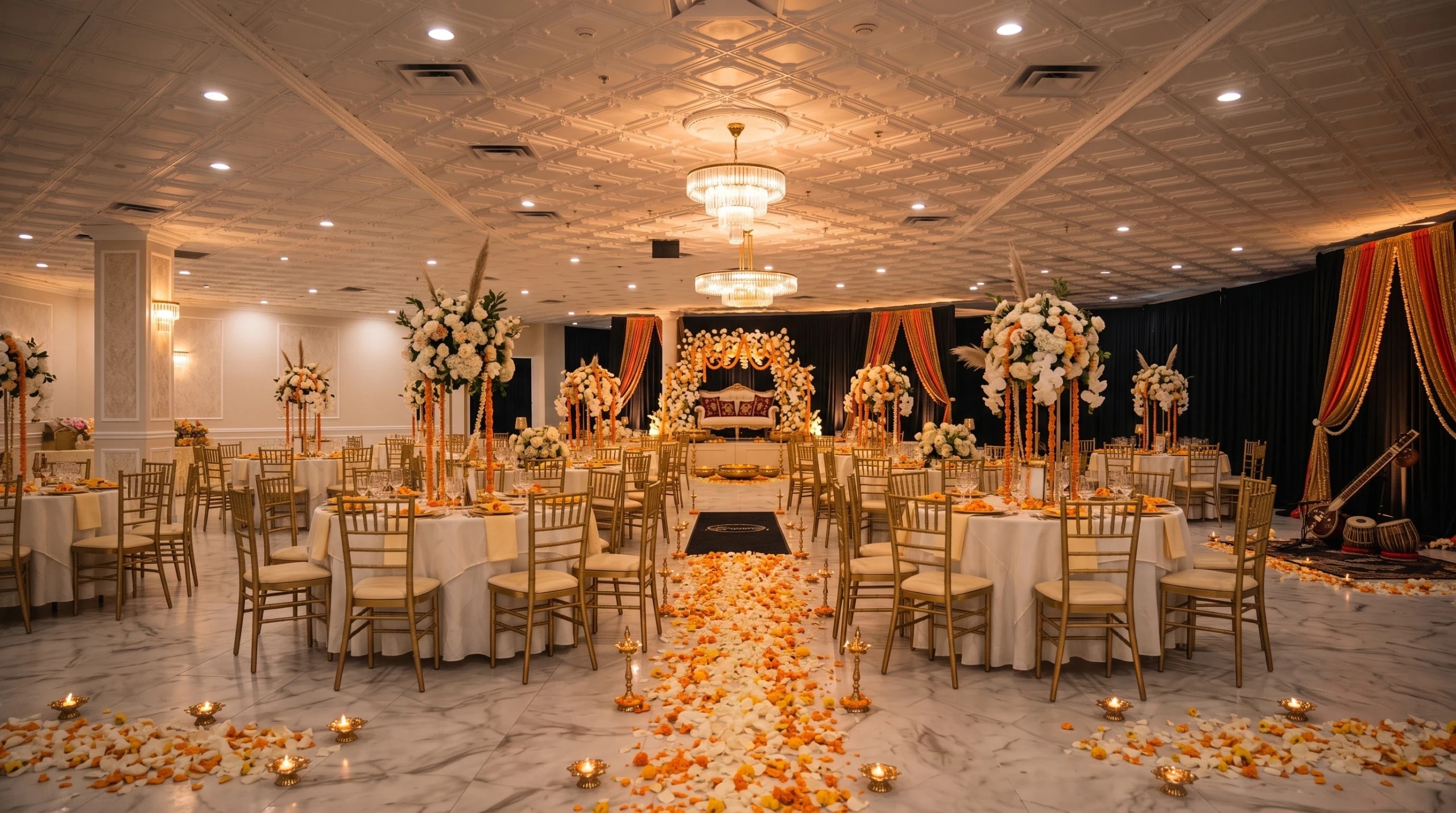 A banquet hall lit by crystal chandeliers, with round tables in black linen and a long buffet counter